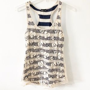Wet Seal Cotton Blend Striped w Floral Lace Overlay Racerback Scoop Neck Top